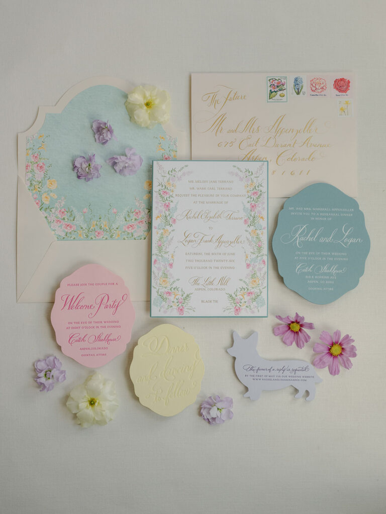  Watercolor floral invitation suite for a summer wedding at The Little Nell in Aspen